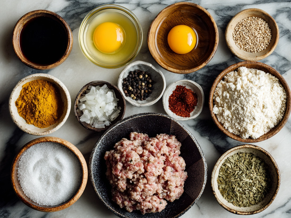Ingredients for turkey burger chili on a table including ground turkey, beans, spices, and tomatoes