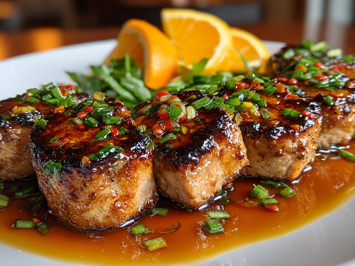 Finished plate of Turkey Medallions with Orange Teriyaki Sauce garnished with sesame seeds and green onions