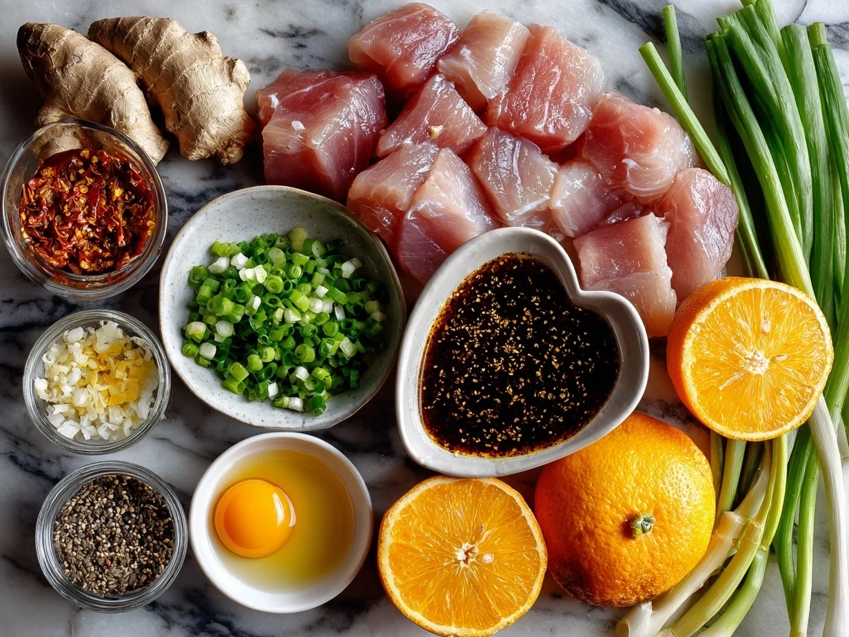 Ingredients for Turkey Medallions with Orange Teriyaki Sauce showing fresh turkey medallions, orange juice, soy sauce, honey, garlic, ginger and cornstarch