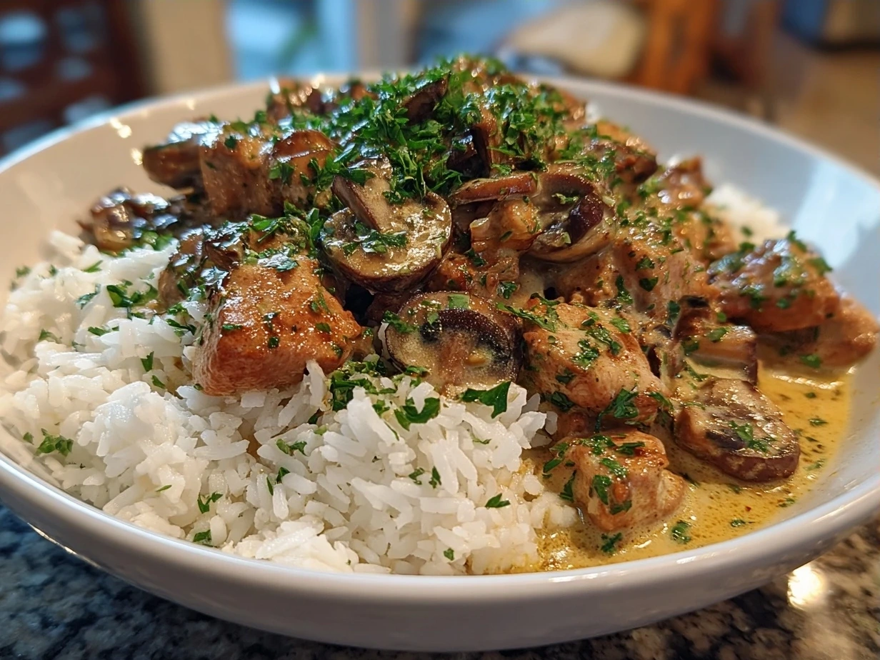 Turkey Stroganoff served in a bowl over egg noodles garnished with fresh parsley