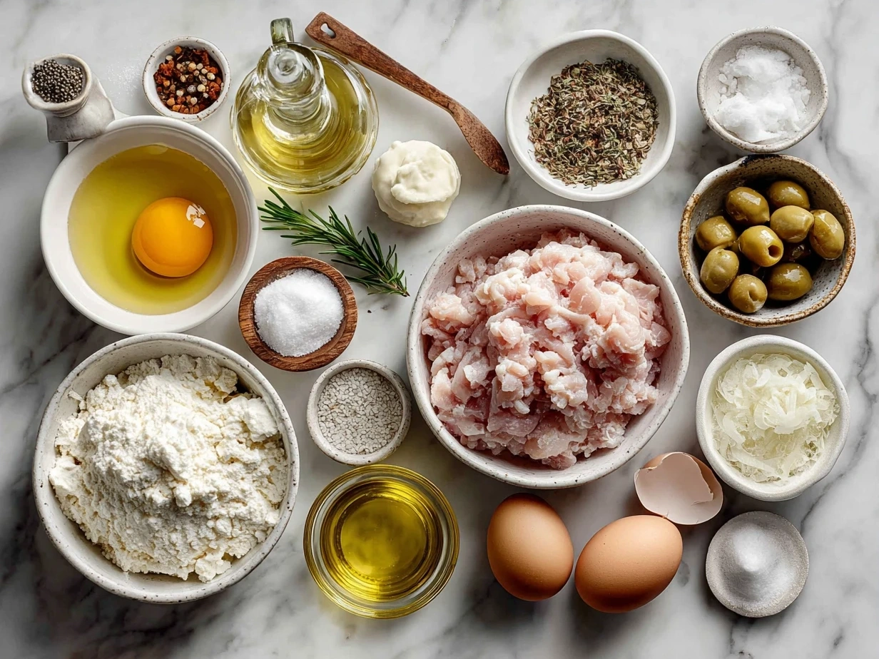 Ingredients for Turkey Stroganoff laid out on a counter including mushrooms, ground turkey, onions, sour cream, and spices