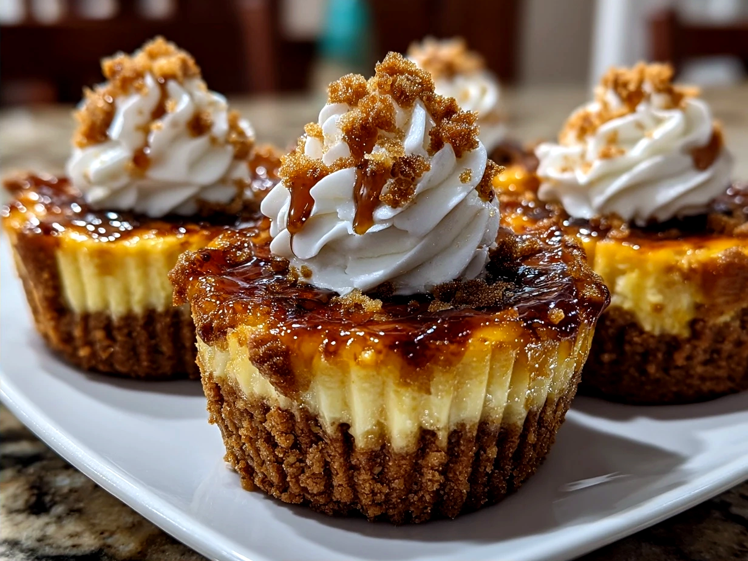 Served Vanilla Bean Creme Brulee Cheesecake Cupcakes garnished with fresh berries and mint leaves