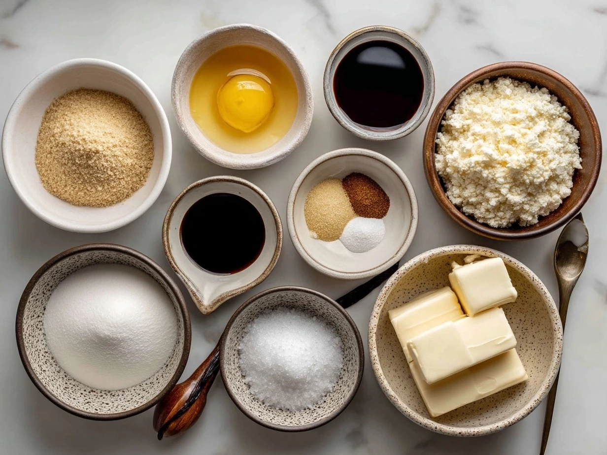 Ingredients for Vanilla Bean Creme Brulee Cheesecake Cupcakes laid out on a kitchen counter