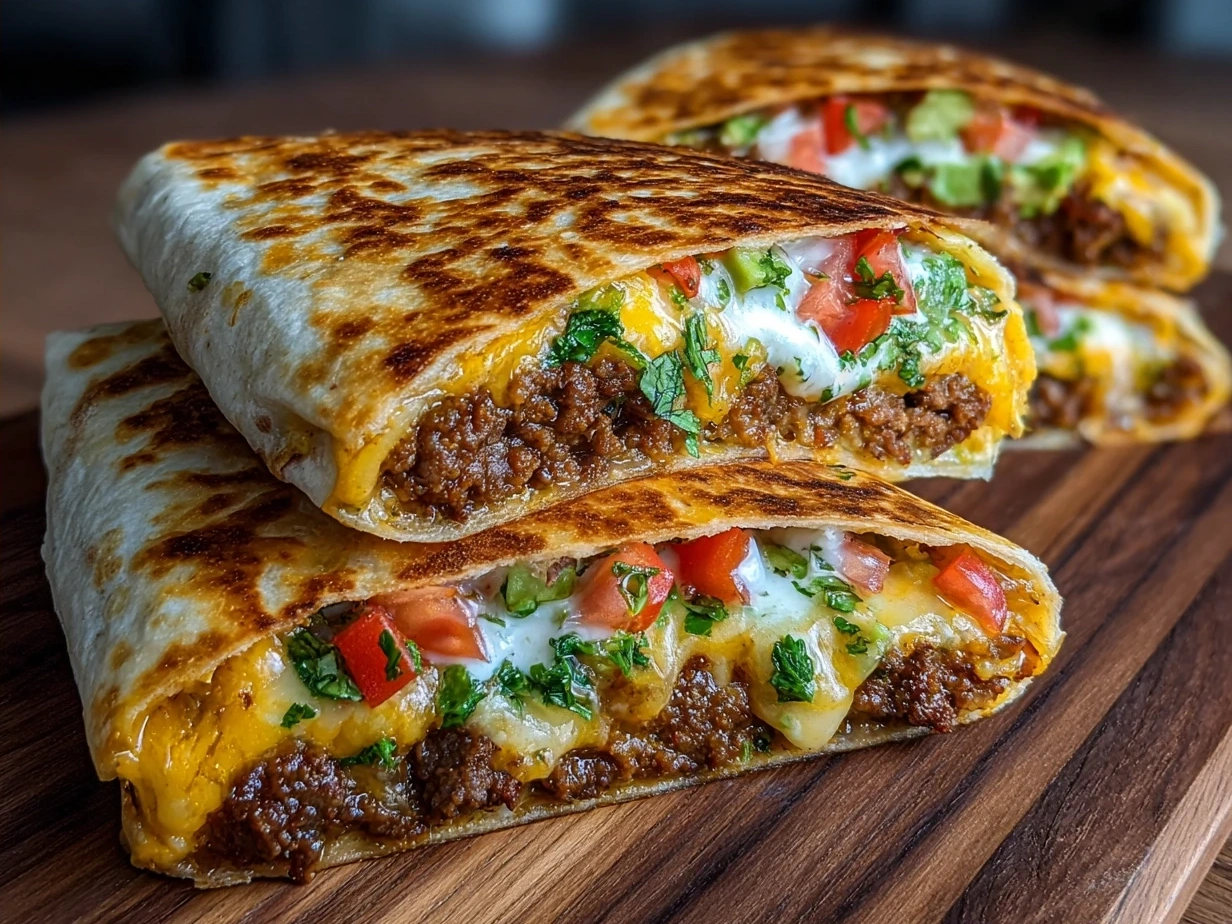 Finished Vegan Crunchwrap Supreme on a rustic plate with salsa verde