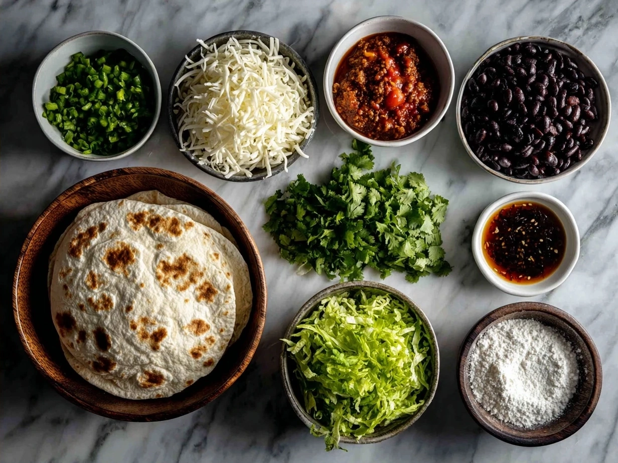 Ingredients for Vegan Crunchwrap Supreme laid out on a kitchen counter