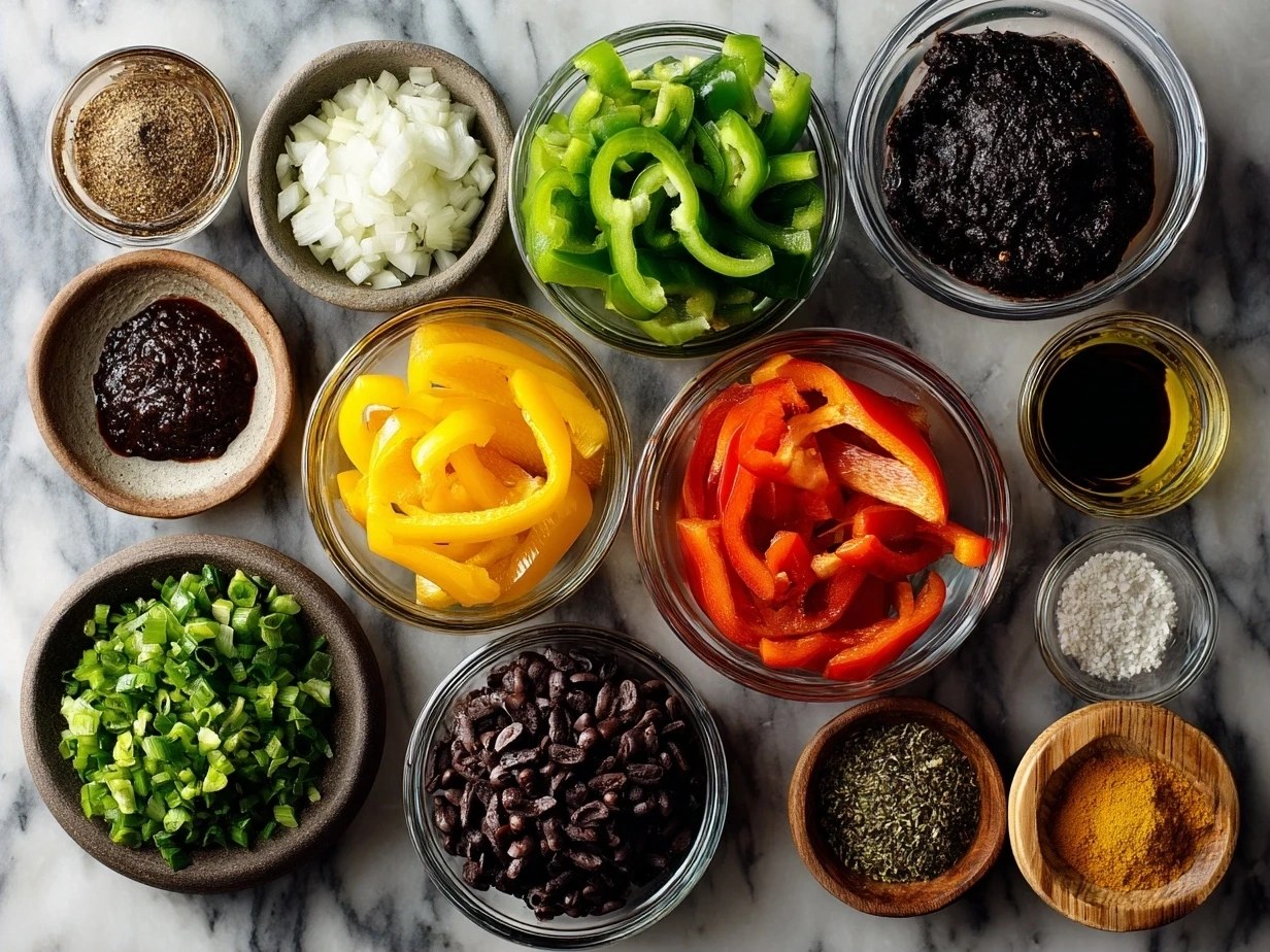 Ingredients for Vegan Fajitas including bell peppers, onions, tofu, and spices