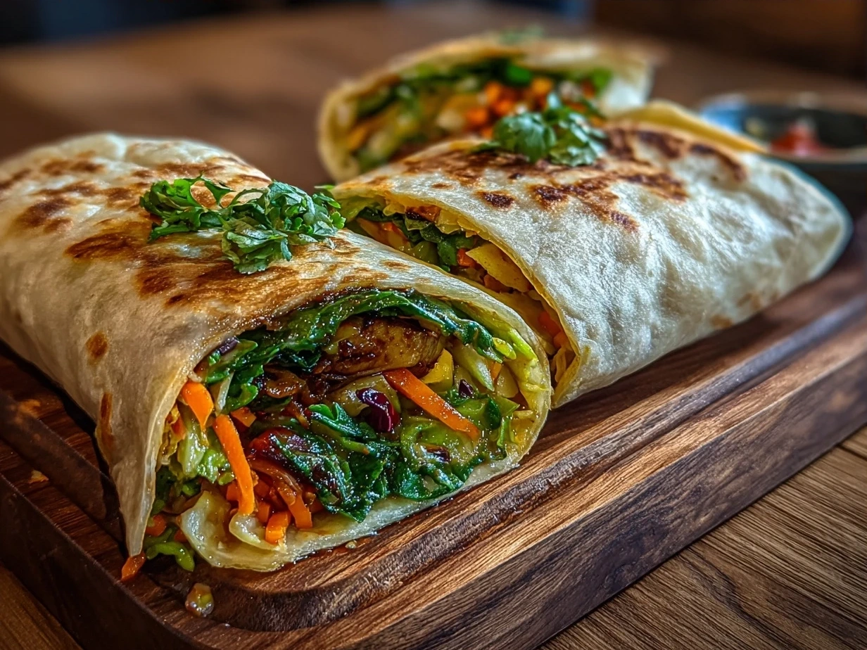 Final colorful Veggie Wrap with fresh vegetables and feta cheese