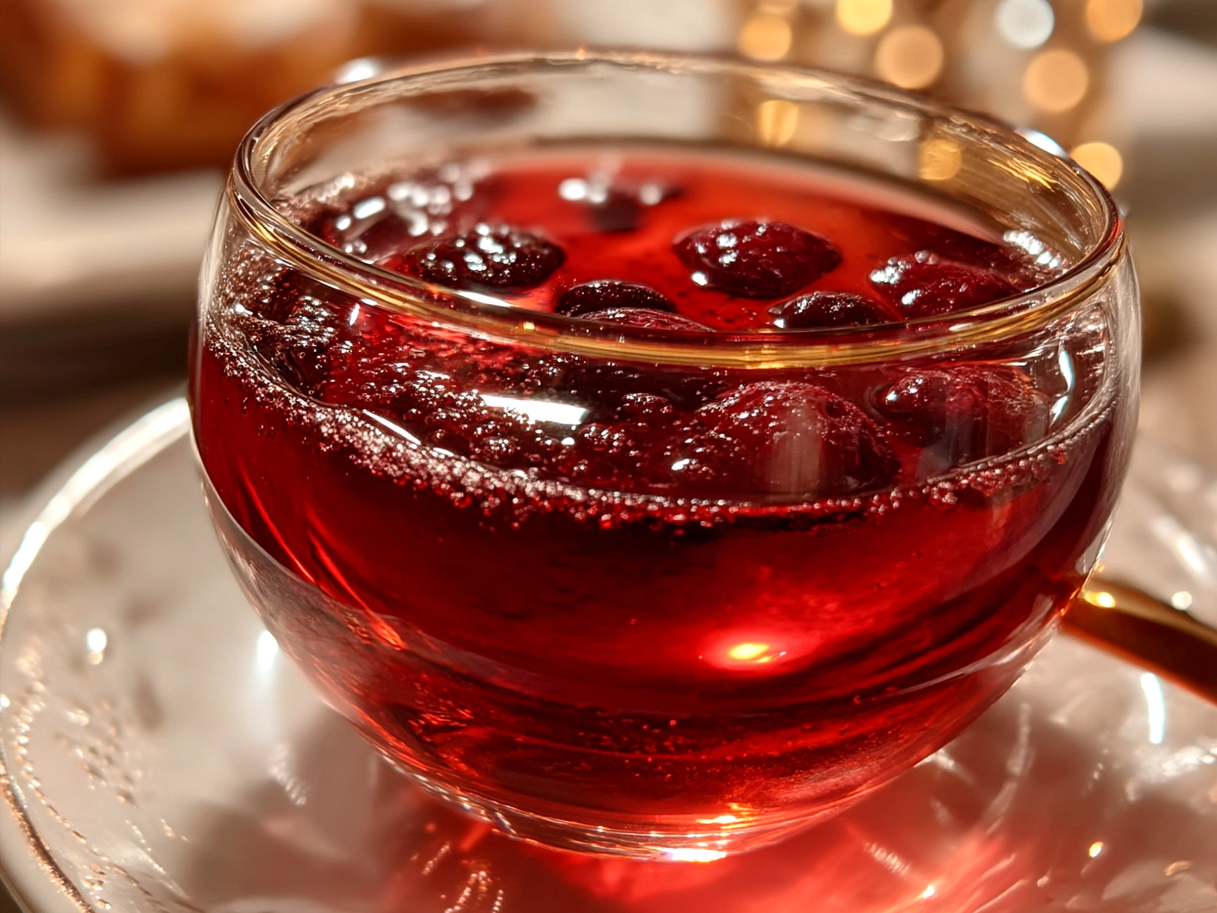 A glass of finished Winter Berry Punch garnished with fresh berries and cinnamon stick
