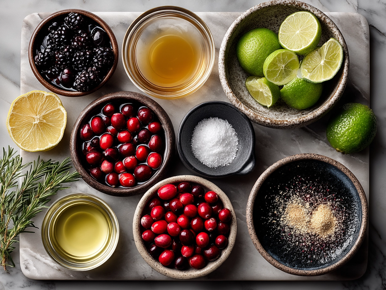Ingredients for Winter Berry Punch including cranberry juice, mixed berry juice, lemon, cinnamon, berries, and sparkling water