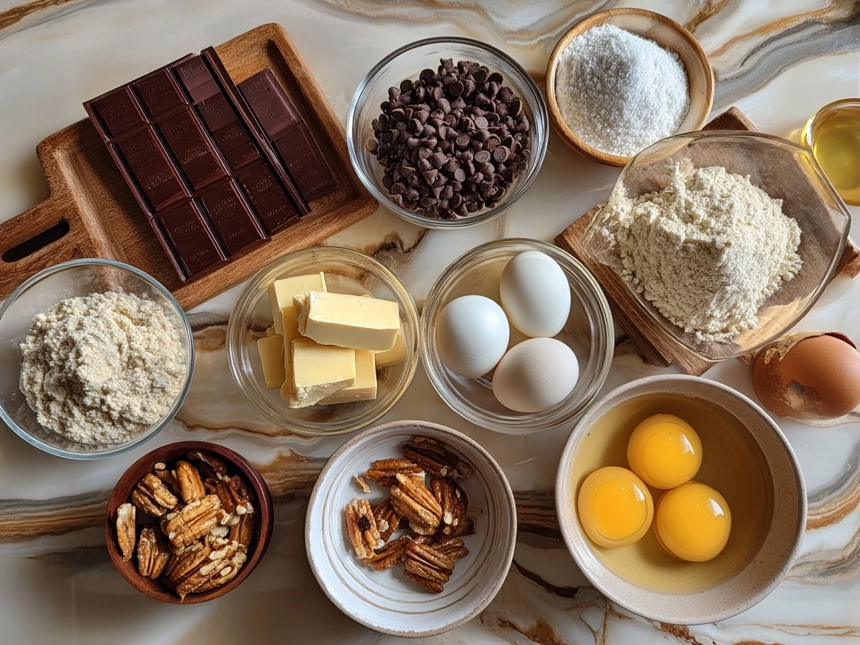 Ingredients for Chocolate Chip and Toffee Shortbread Cookies laid out on a table