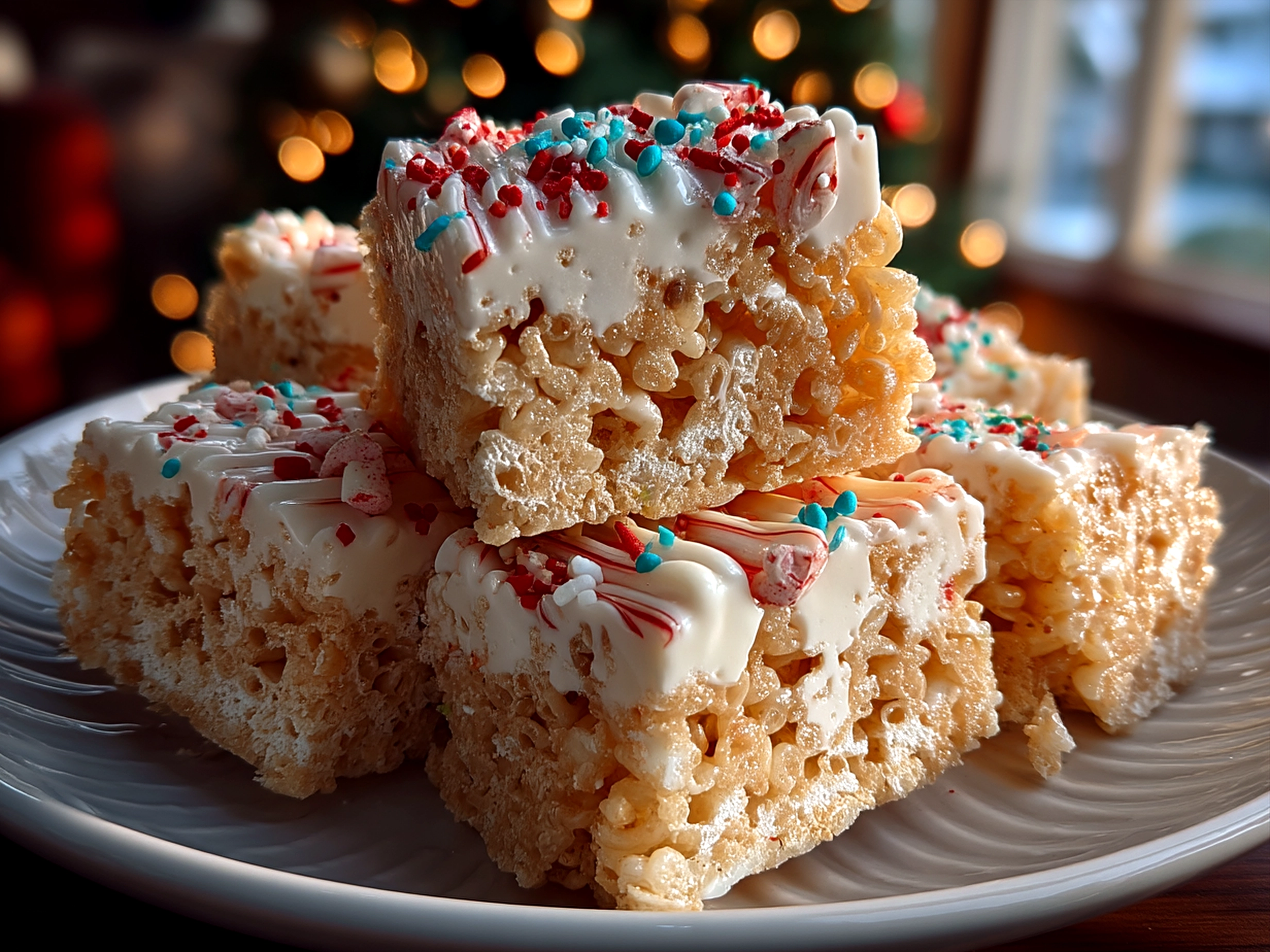 A stack of colorful Christmas Rice Crispy Treats ready to be served