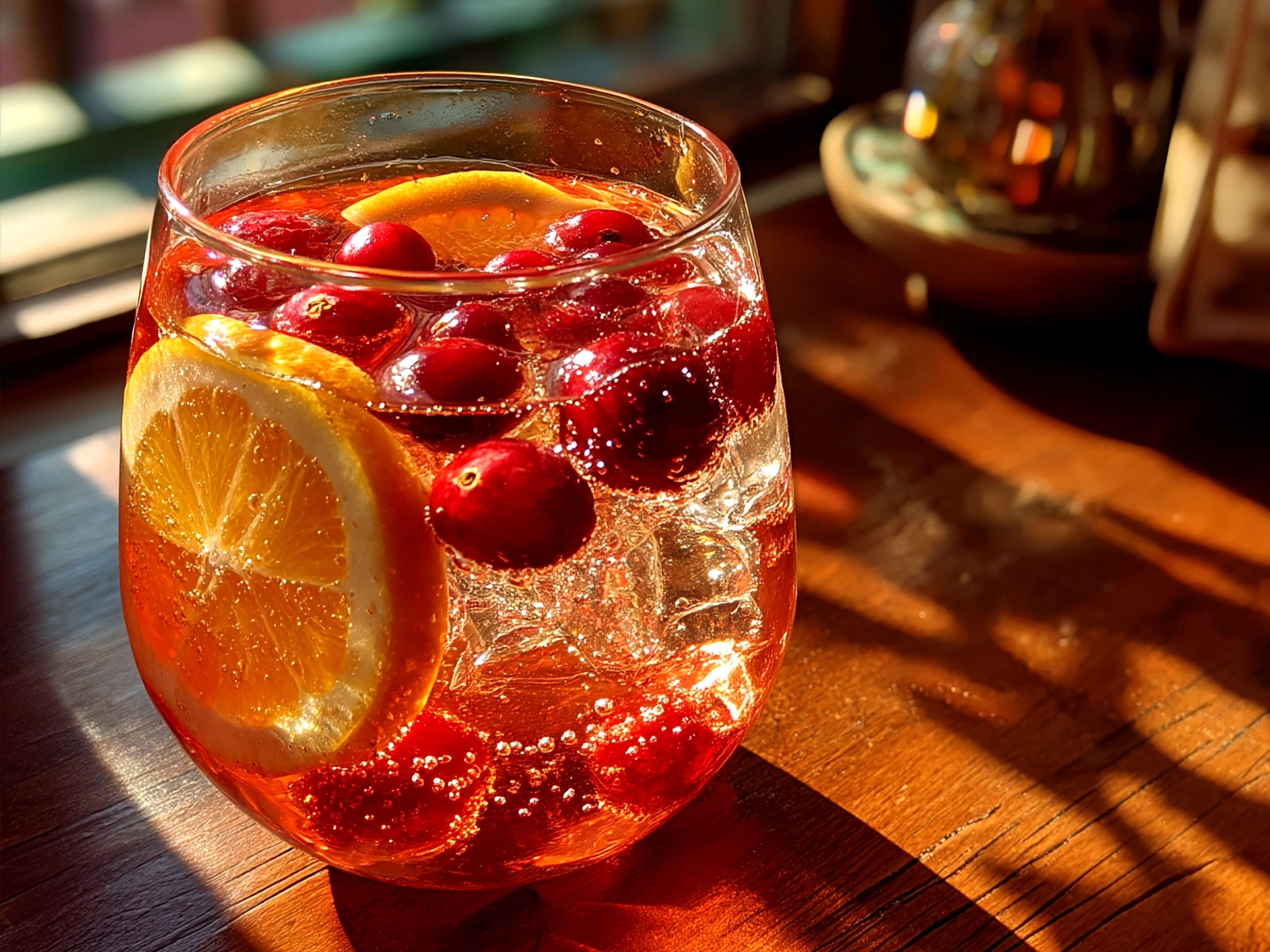 Finished Cranberry Aperol Spritz Cocktail garnished with fresh cranberries