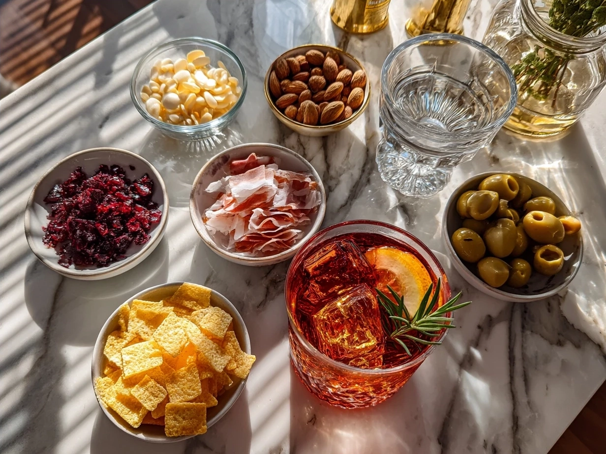 Ingredients for Cranberry Aperol Spritz Cocktail displayed in jars and glasses
