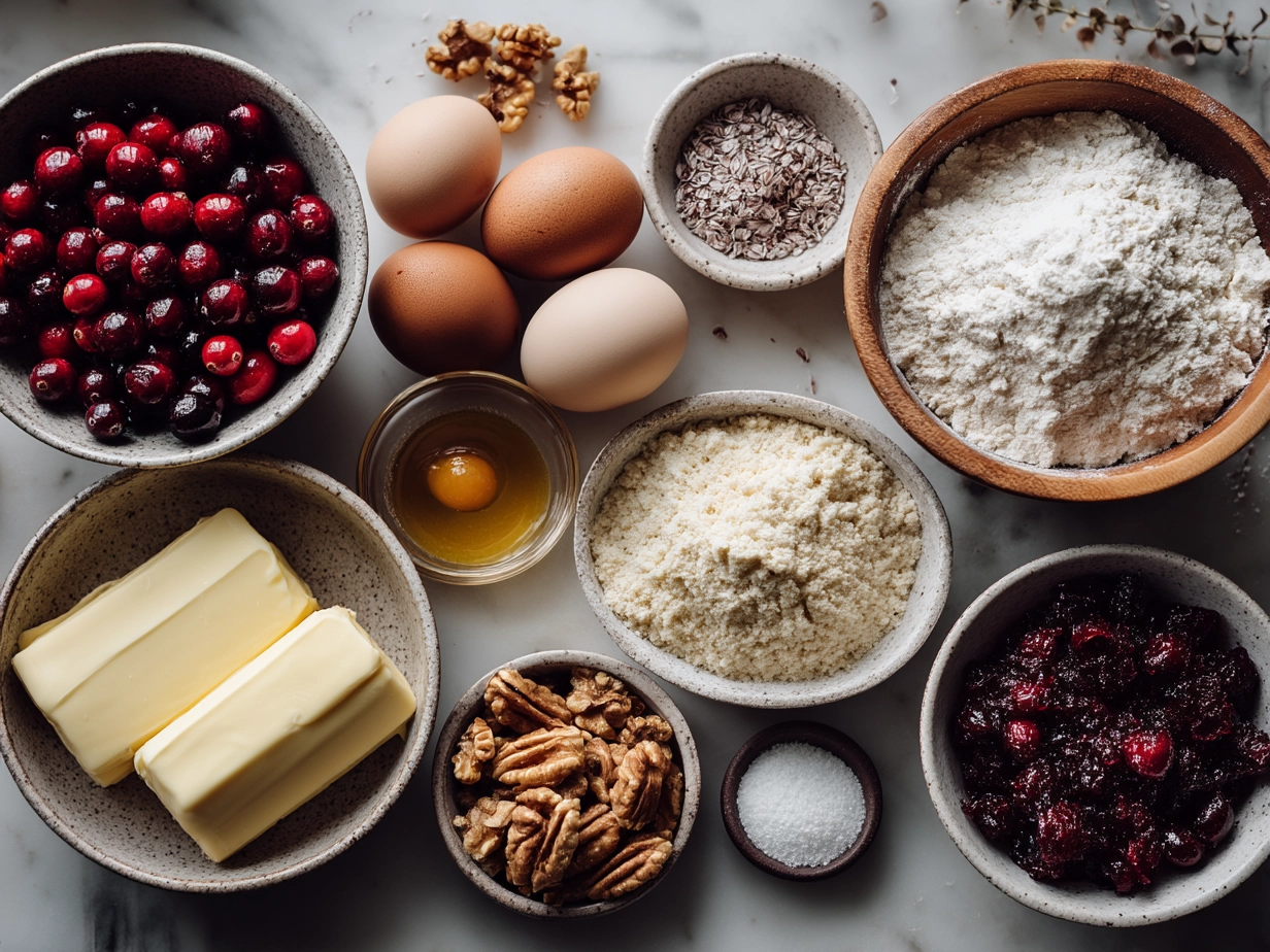 Ingredients for Cranberry Curd Bars with Walnut Shortbread Crust including flour, walnuts, cranberries, orange, sugar, eggs, butter, cornstarch, and vanilla extract
