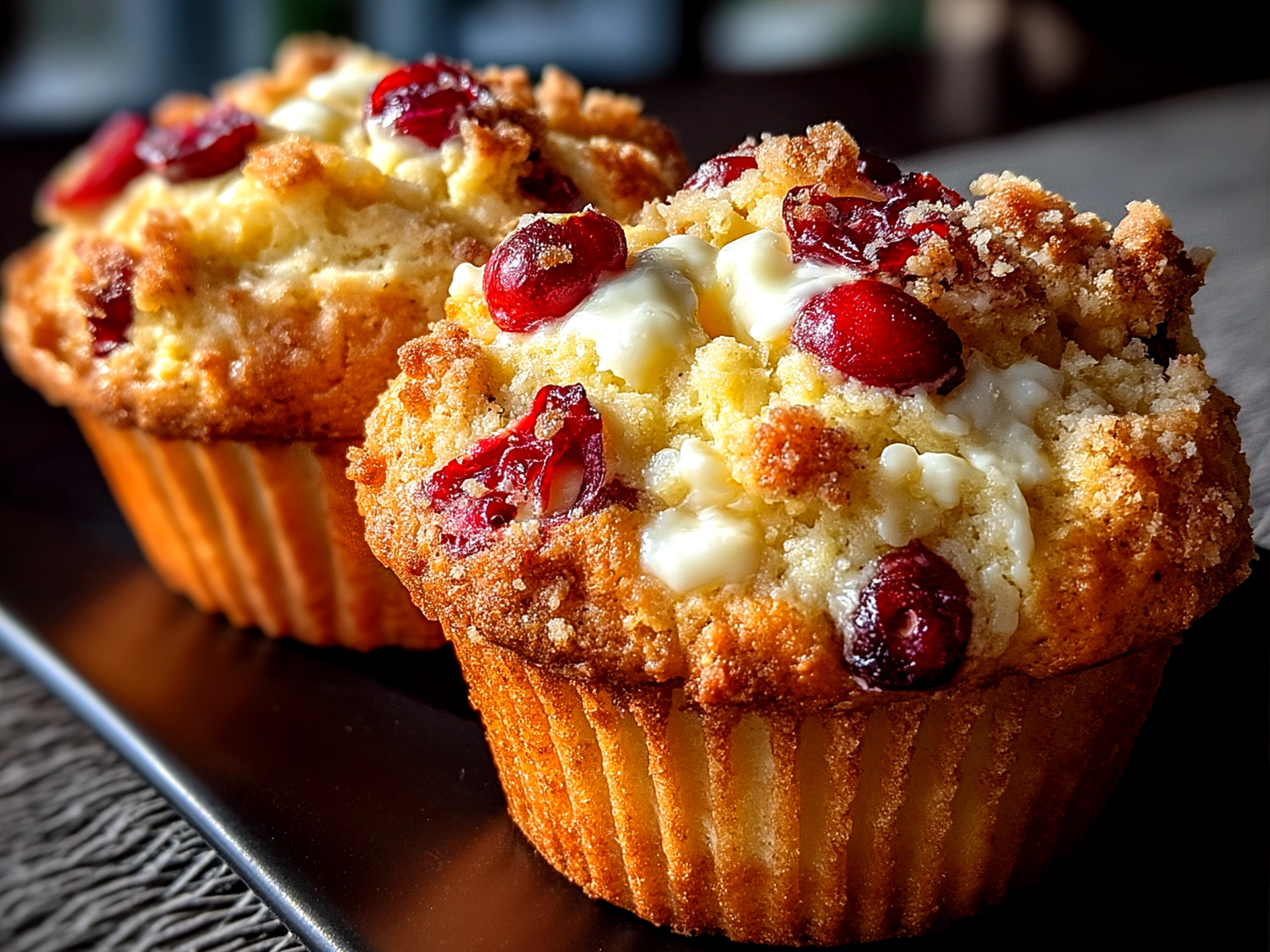 Served Cream Cheese Cranberry Muffins ready to eat with a golden crust