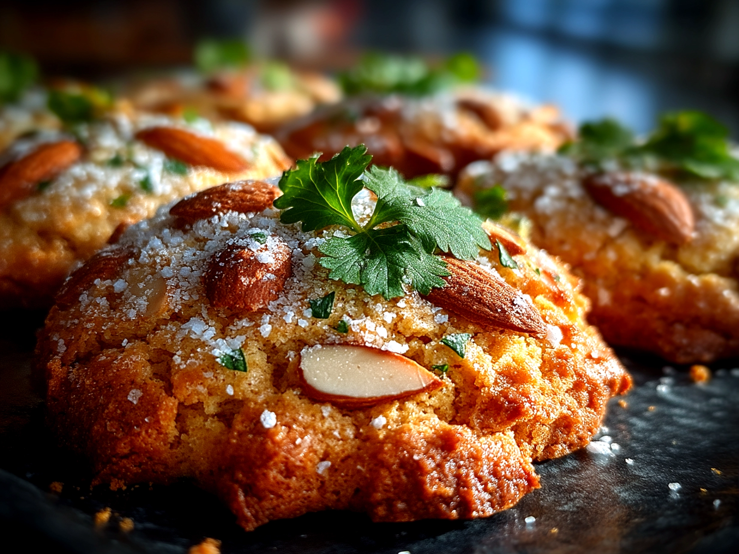 Crispy Almond Cookies served on a plate with a cup of tea