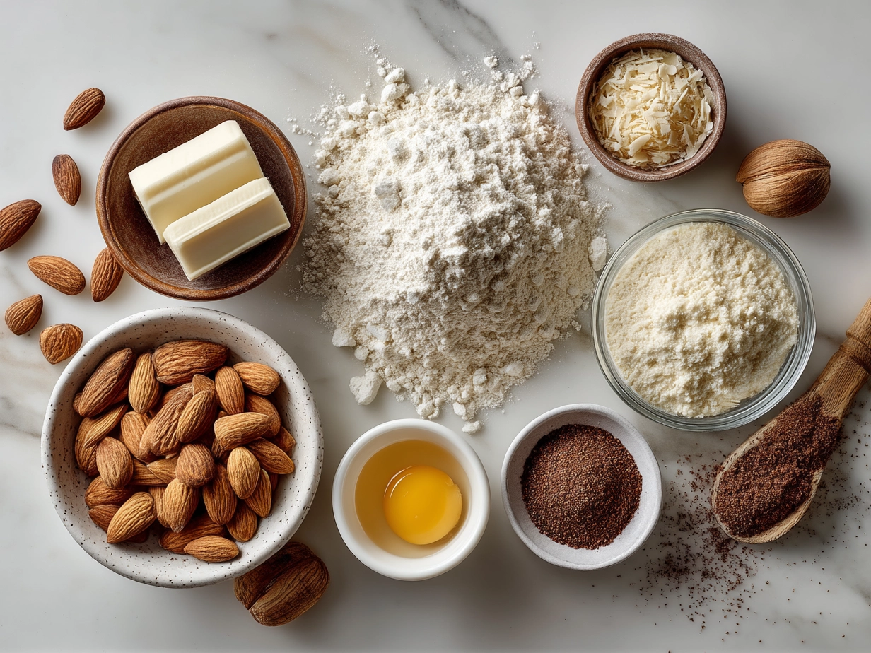 Ingredients for Crispy Almond Cookies laid out in bowls and measuring cups