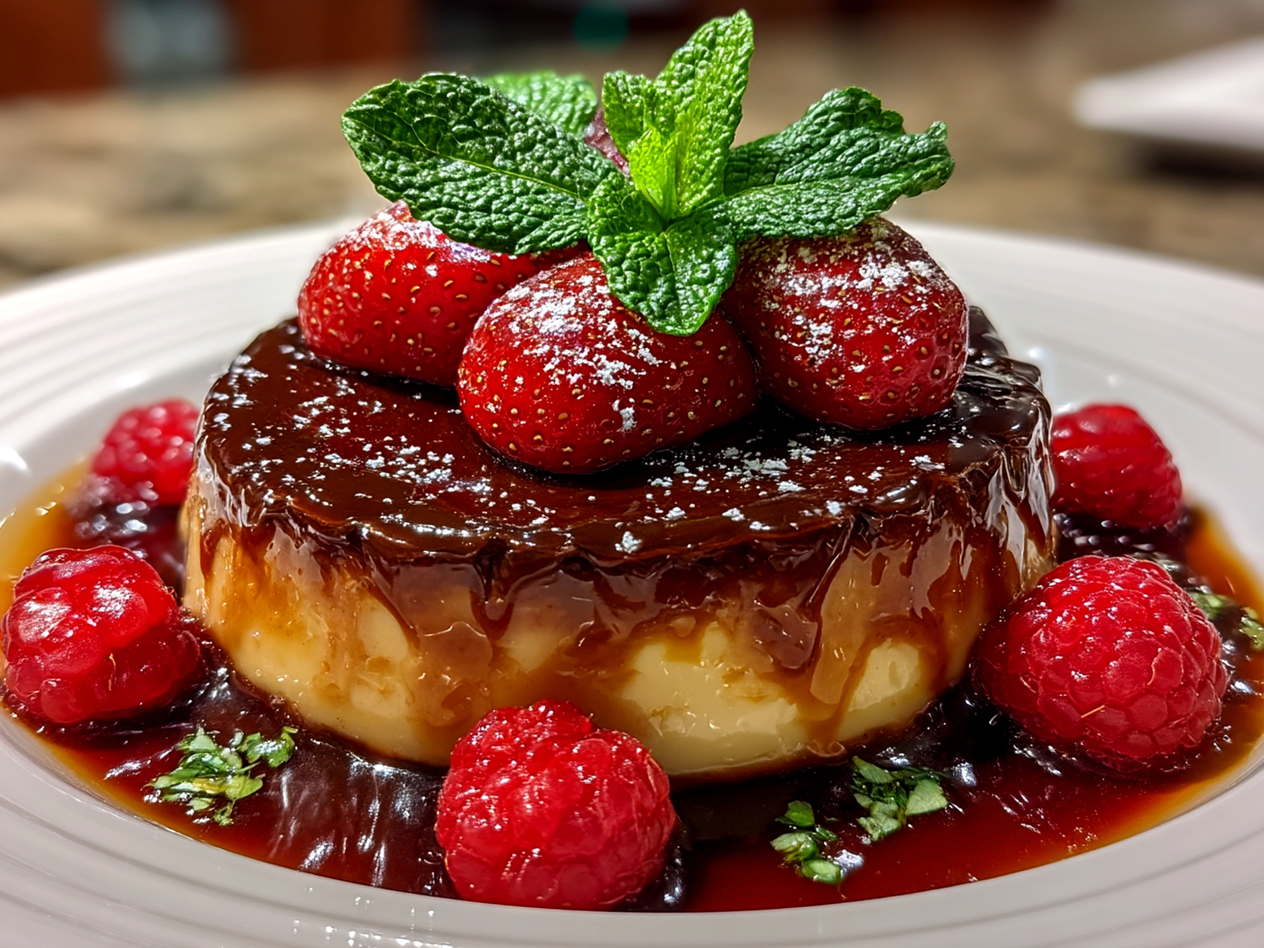 Creamy French Chocolate Flan served with fresh berries and whipped cream.