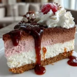 Freshly prepared Neapolitan Mousse Cake slice on white plate