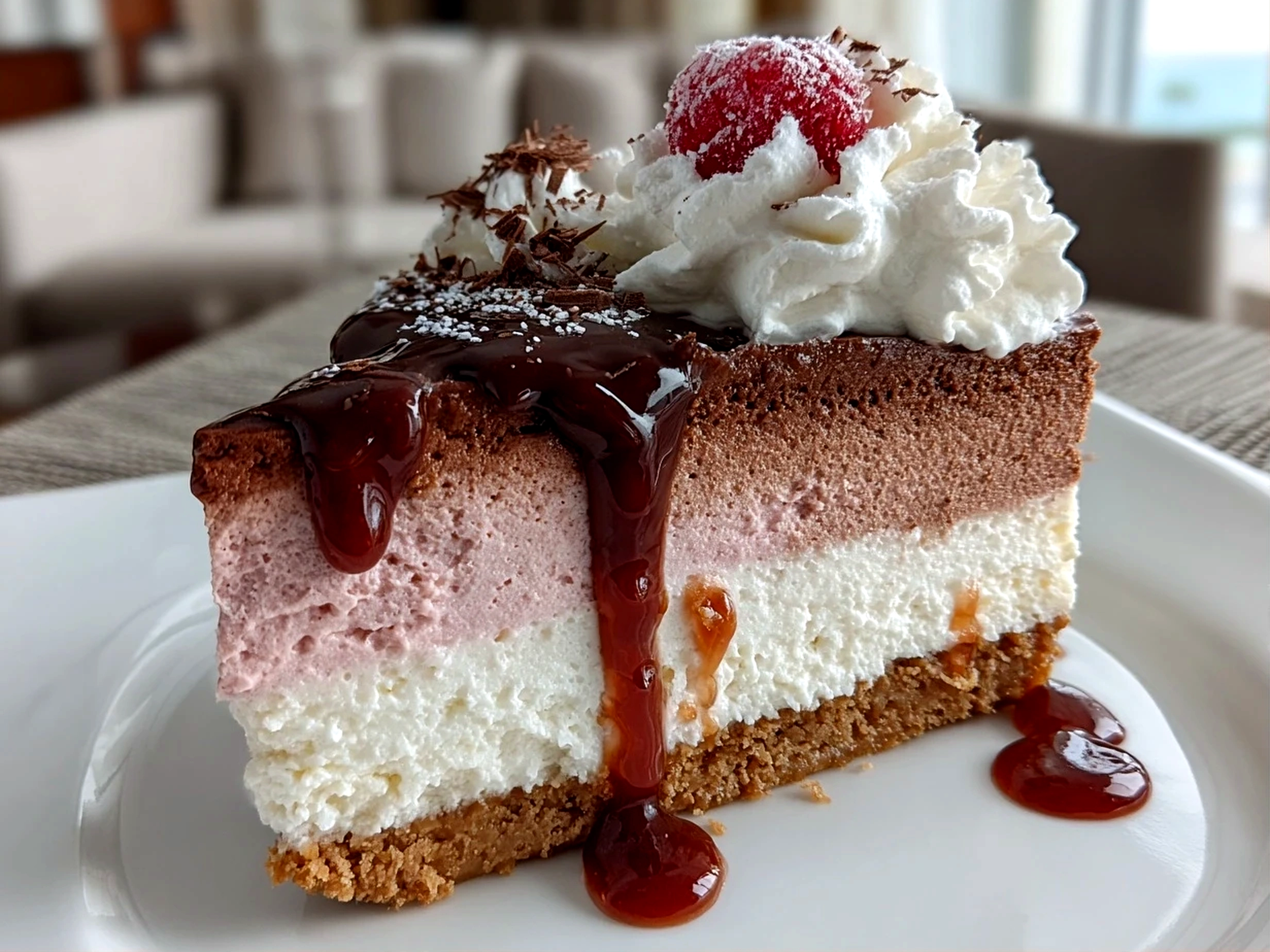 Freshly prepared Neapolitan Mousse Cake slice on white plate