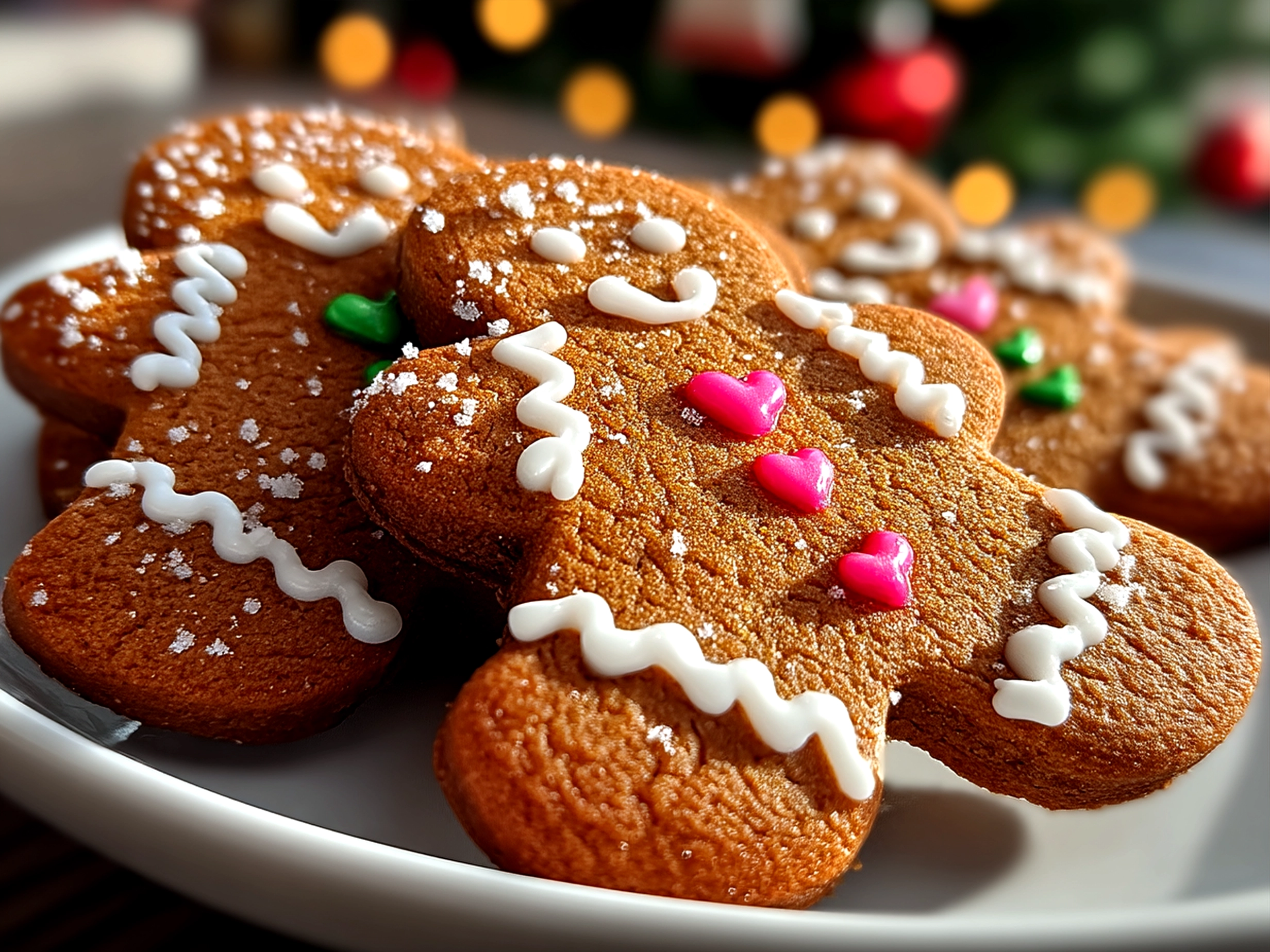 Plate of decorated Gingerbread Men Cookies with festive holiday decoration