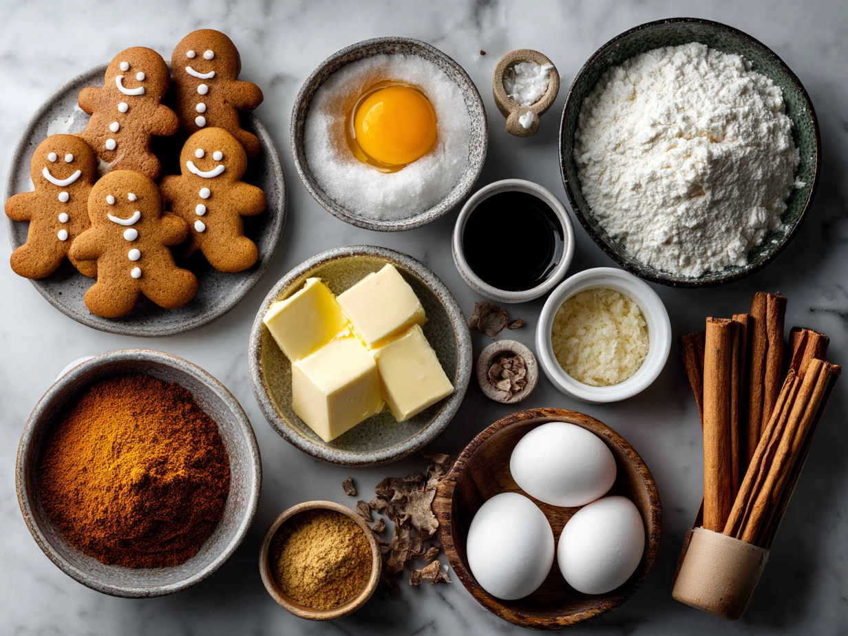 Ingredients for Gingerbread Men Cookies including flour, spices, molasses and butter