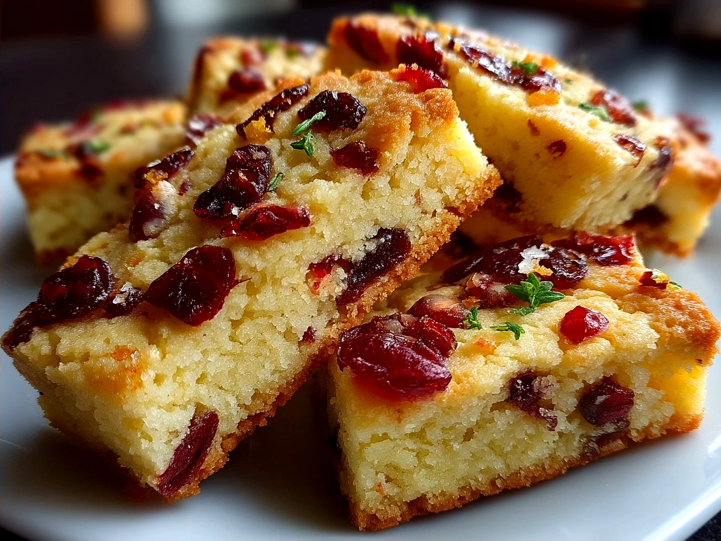 Close-up of finished Keto Cranberry Orange Shortbread served on a plate with a cup of tea