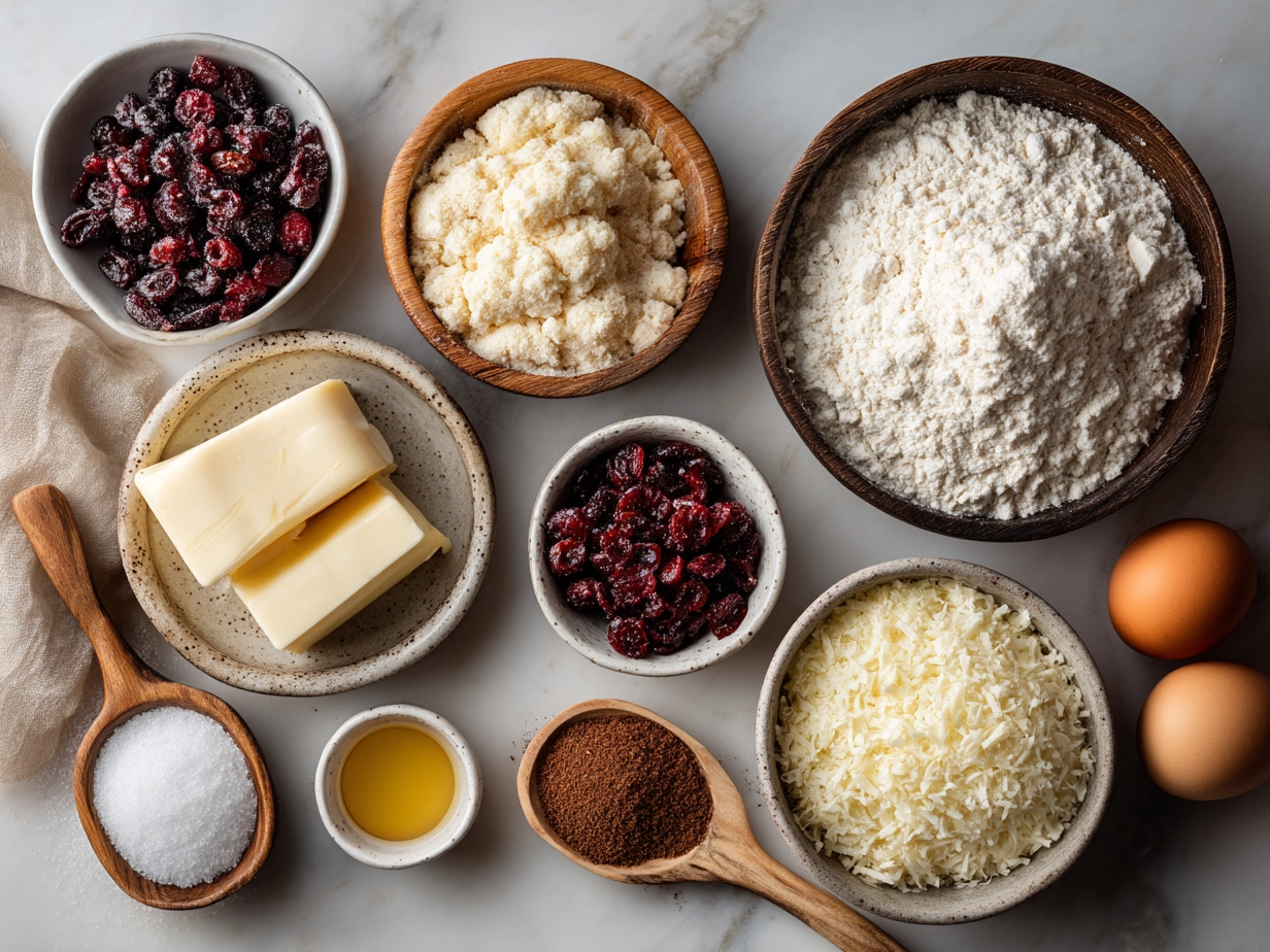 Ingredients for Keto Cranberry Orange Shortbread laid out on a counter including almond flour, erythritol, butter, dried cranberries, and orange