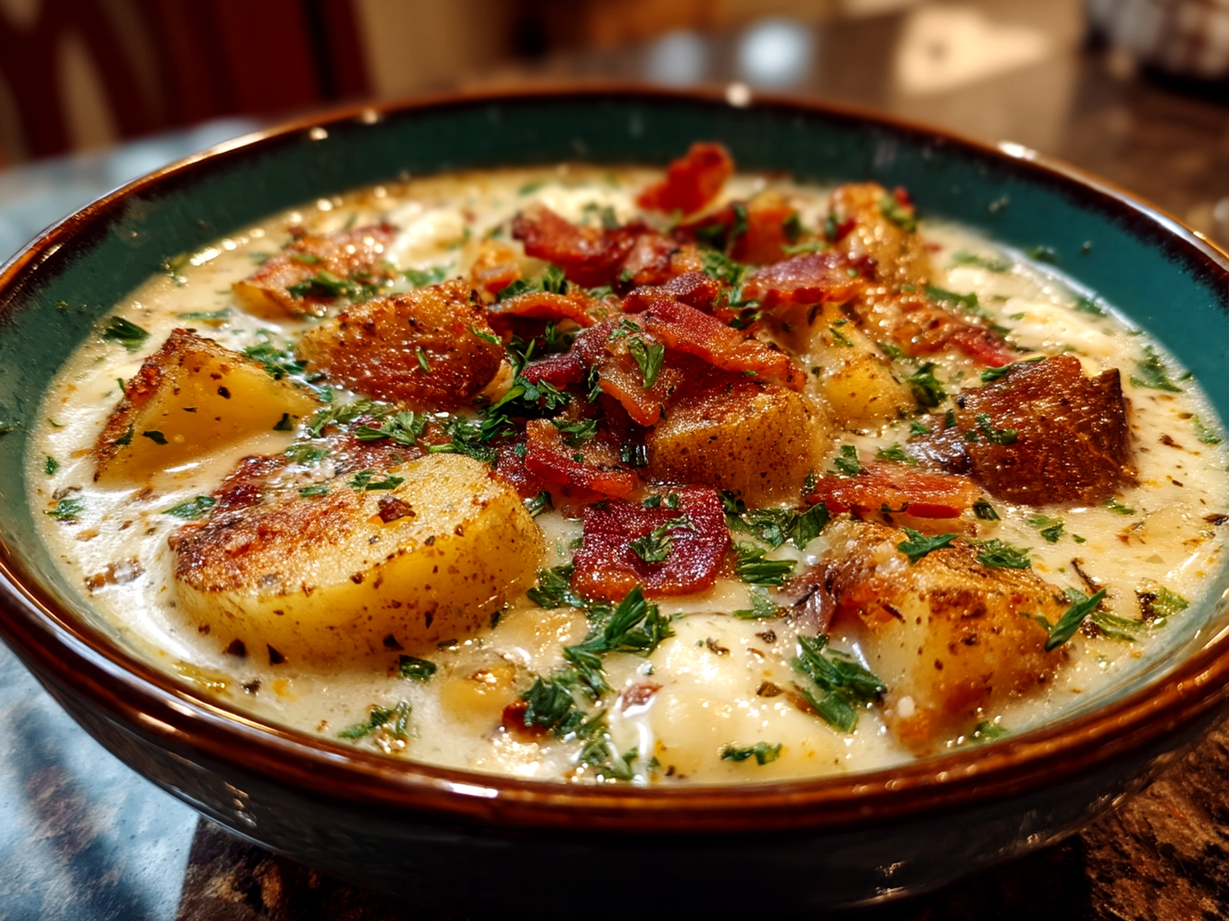 Bowl of loaded potato soup garnished with green onions and crispy bacon