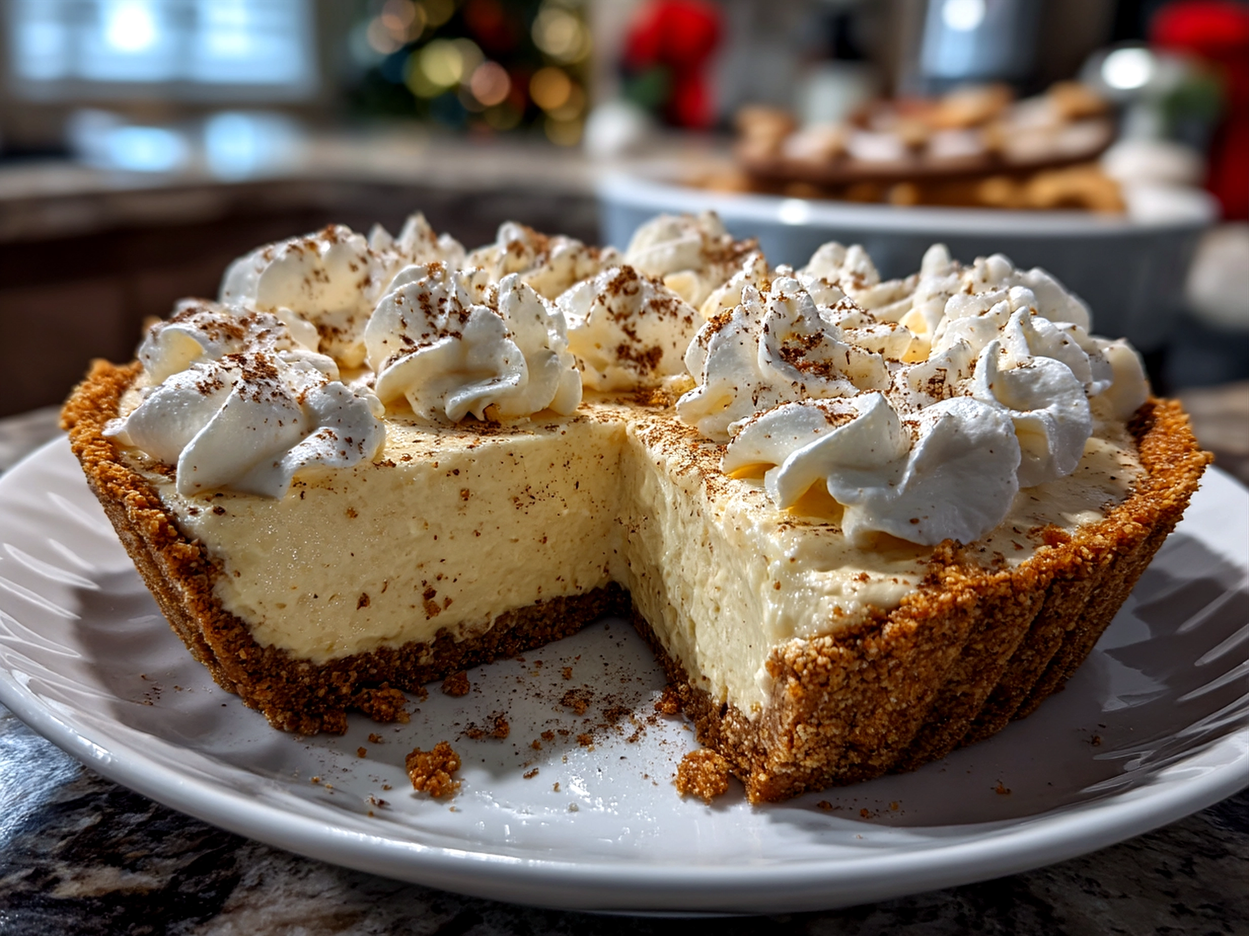 Slice of No Bake Eggnog Pie served with whipped cream
