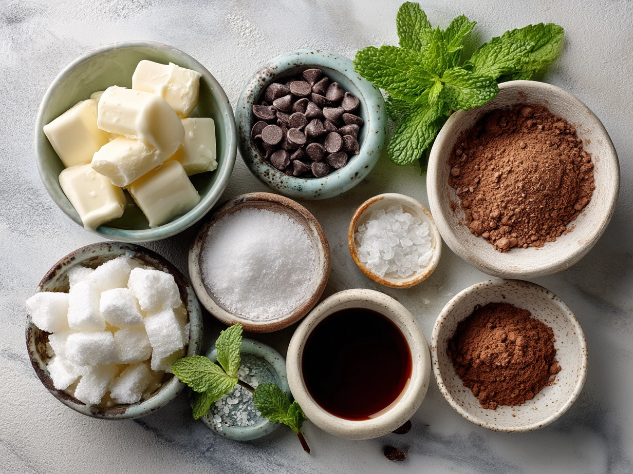 Ingredients for Peppermint Creams laid out on a countertop including sugar, cream, chocolates, and peppermint extract