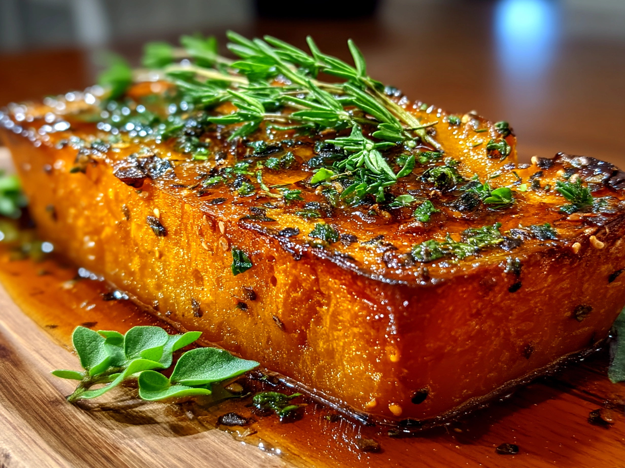 Serving roasted pumpkin cubes with fresh herbs and paired dishes