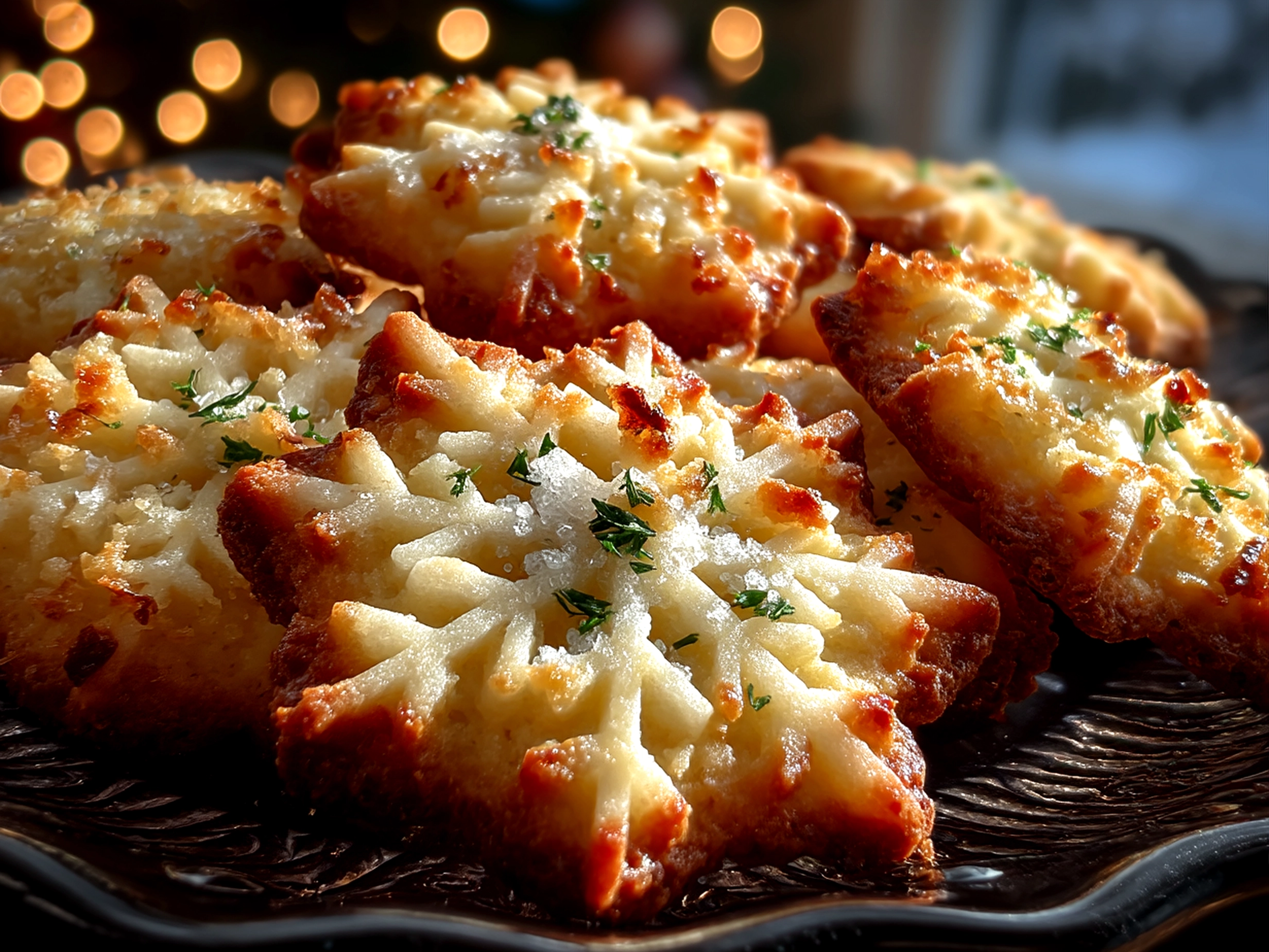 Plate of Rosemary Parmesan Snowflake Cookies