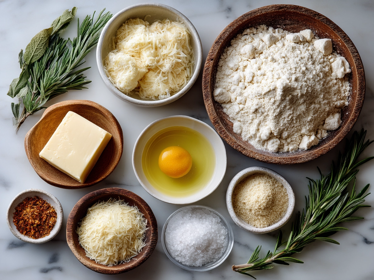 Ingredients for Rosemary Parmesan Snowflake Cookies