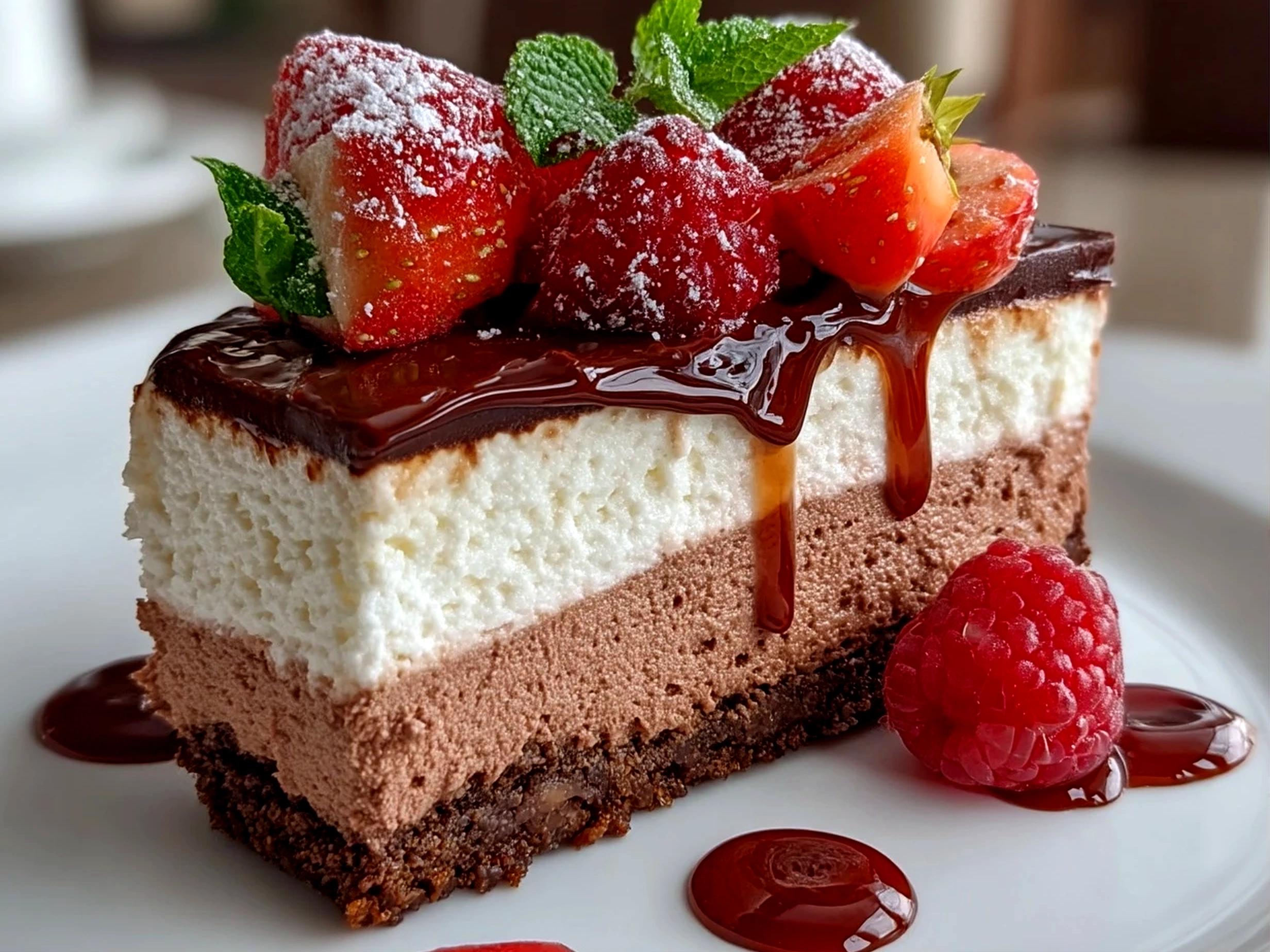 Slight angle close-up of finished Neapolitan Mousse Cake showing layers