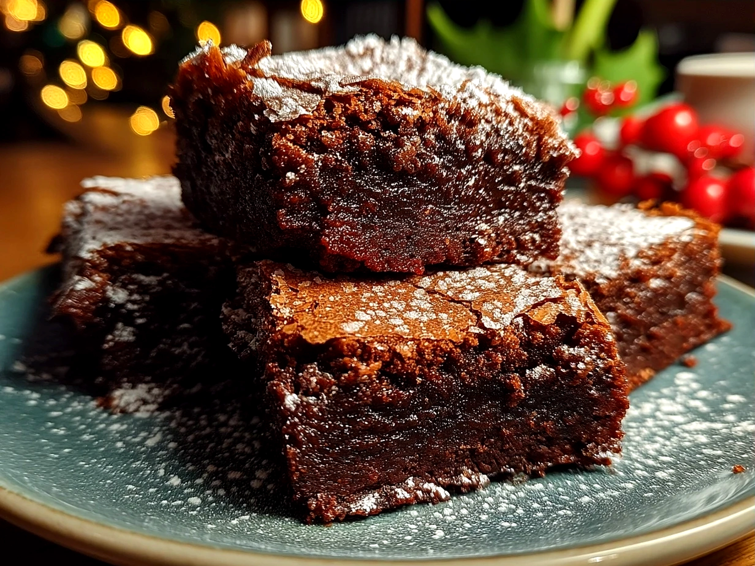 Serving spiced gingerbread brownies with vanilla ice cream and fresh orange slices