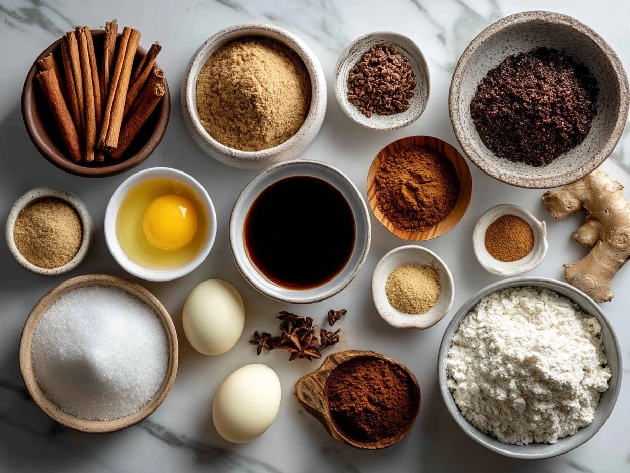 Ingredients for spiced gingerbread brownies including butter, sugar, eggs, spices, flour, cocoa powder