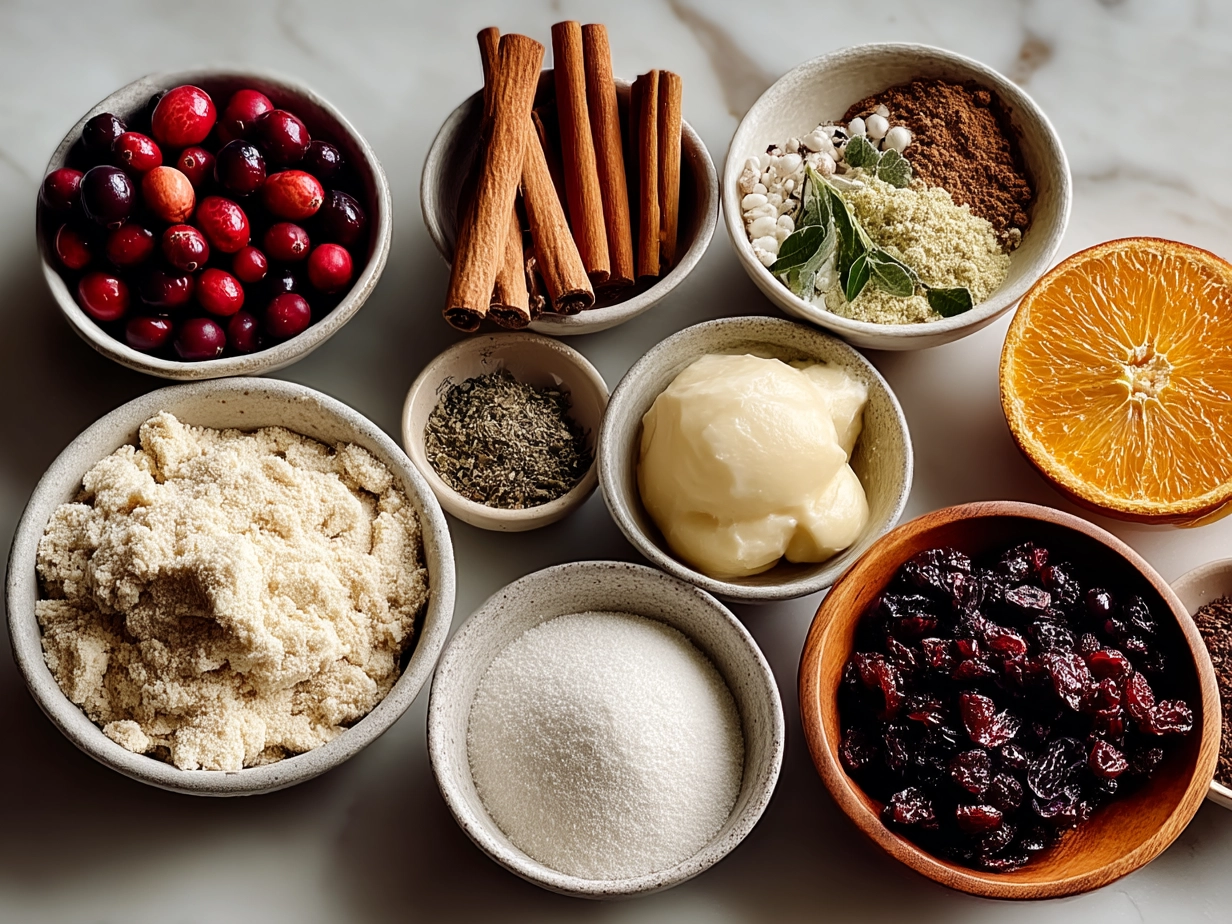 Ingredients for Cranberry Orange Cookies laid out on marble surface