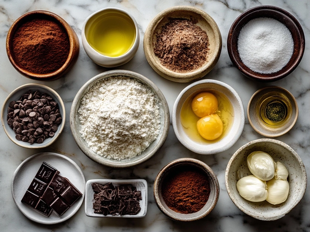 Top-down view of raw ingredients for Neapolitan Mousse Cake on marble surface
