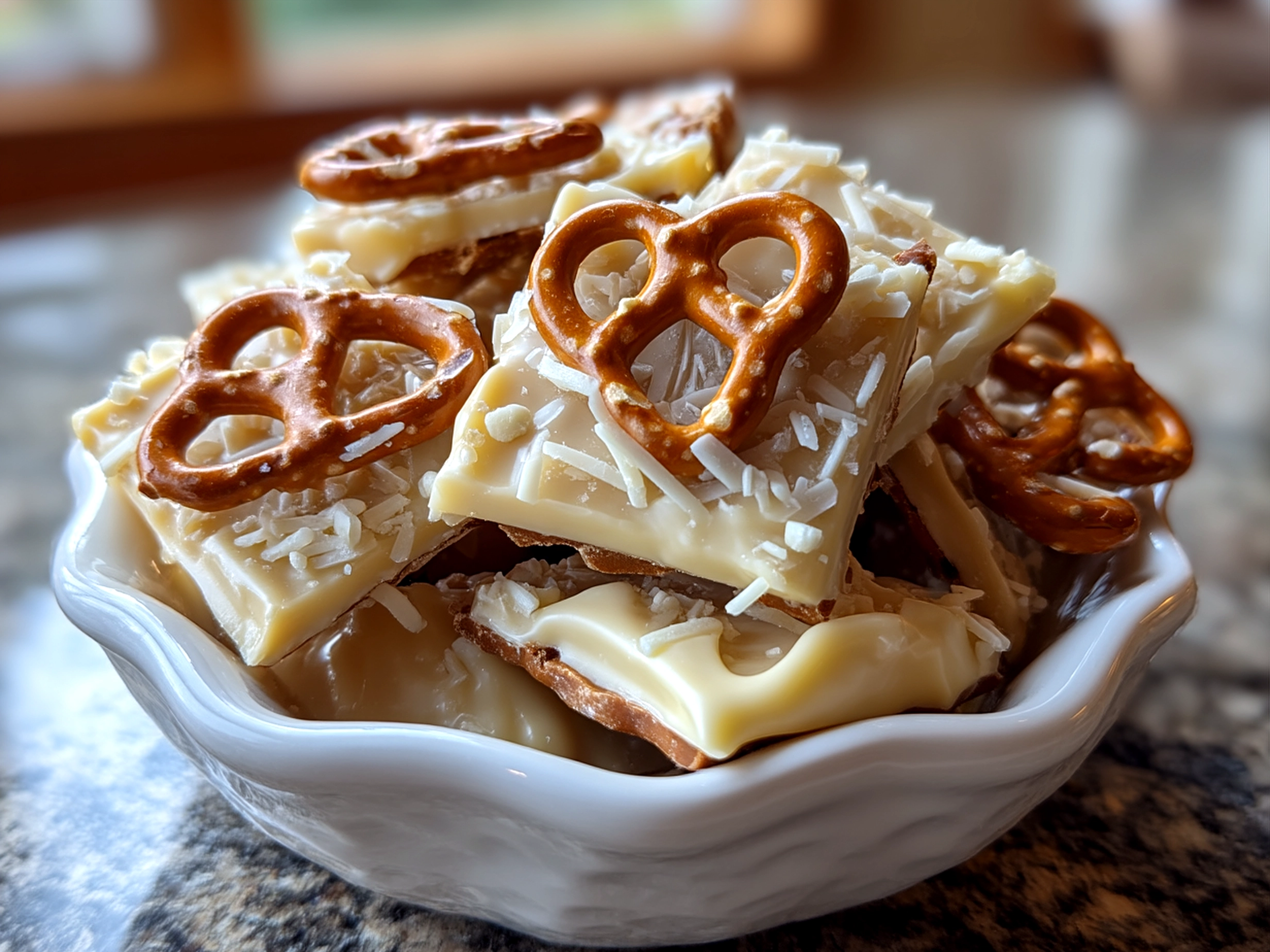 White Chocolate Pretzel Crockpot Candy squares served on a plate ready to enjoy